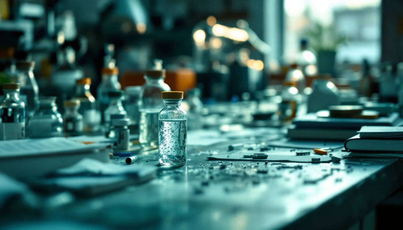 How Research Peptides Improve Performance — Close-up of research peptide vials and pipettes arranged neatly on a laboratory 