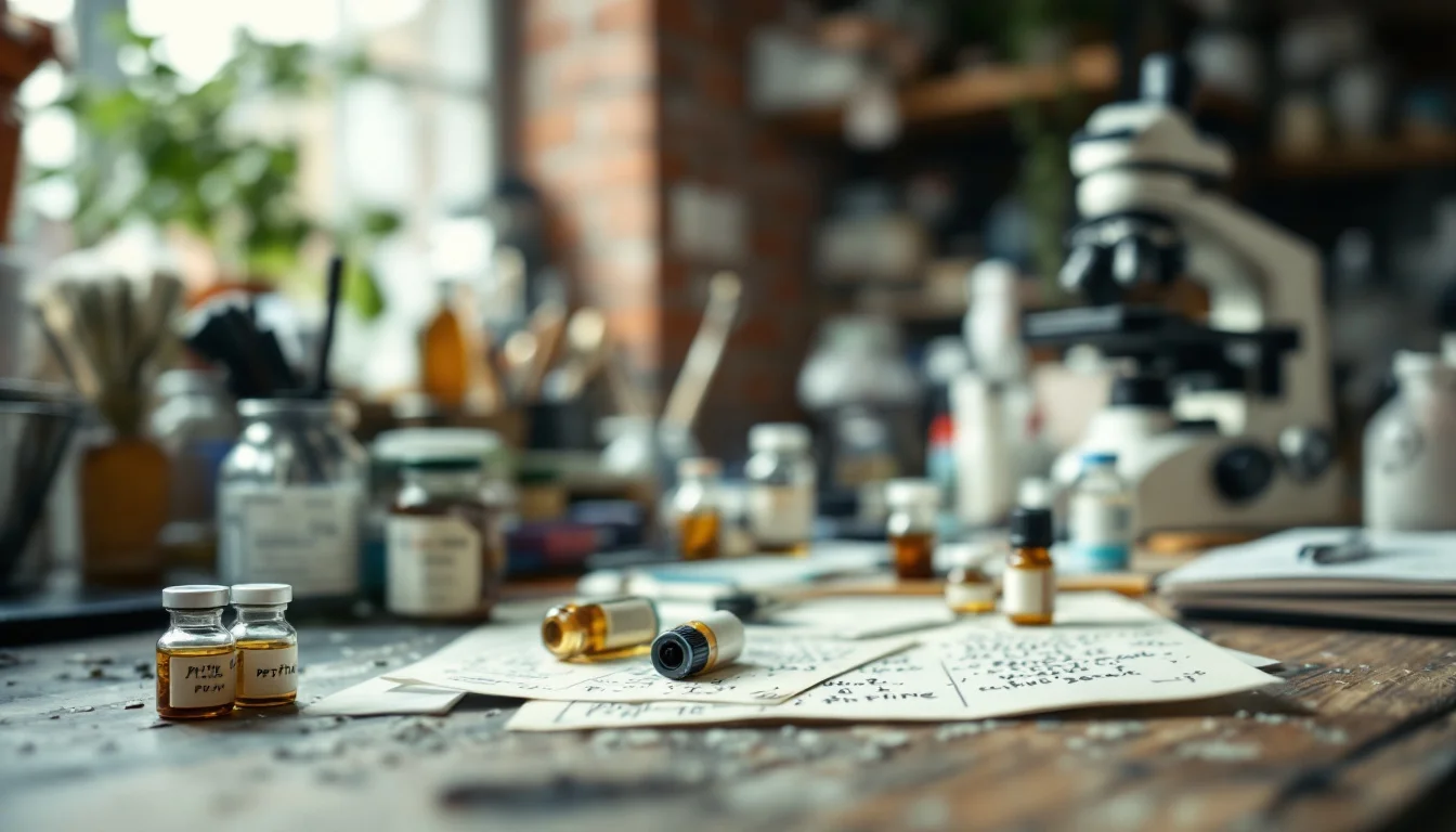 Microscope, glass vials and paperwork on a busy laboratory bench Microscope, glass vials and paperwork on a busy laboratory bench