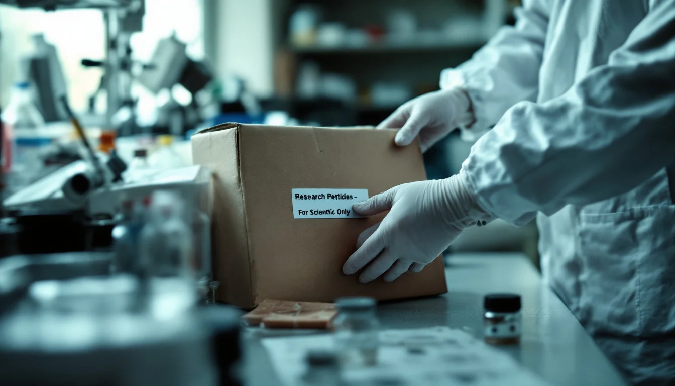 Lab worker in gloves packing a parcel of research peptides for delivery
