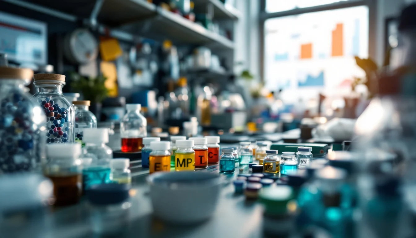 Laboratory shelves and bench crowded with coloured reagent bottles and vials