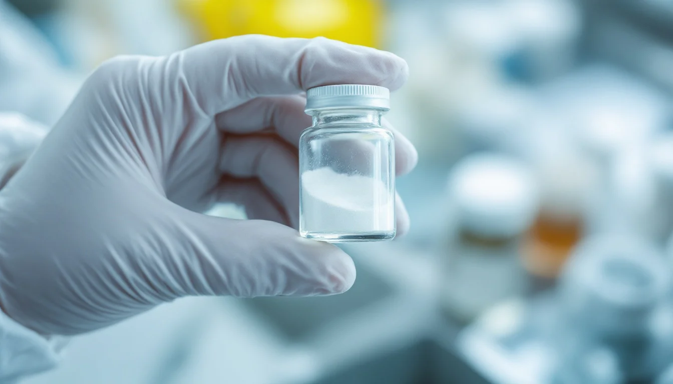 Gloved hand holding a glass vial of freeze-dried peptide powder in a laboratory Gloved hand holding a glass vial of freeze-dried peptide powder in a laboratory