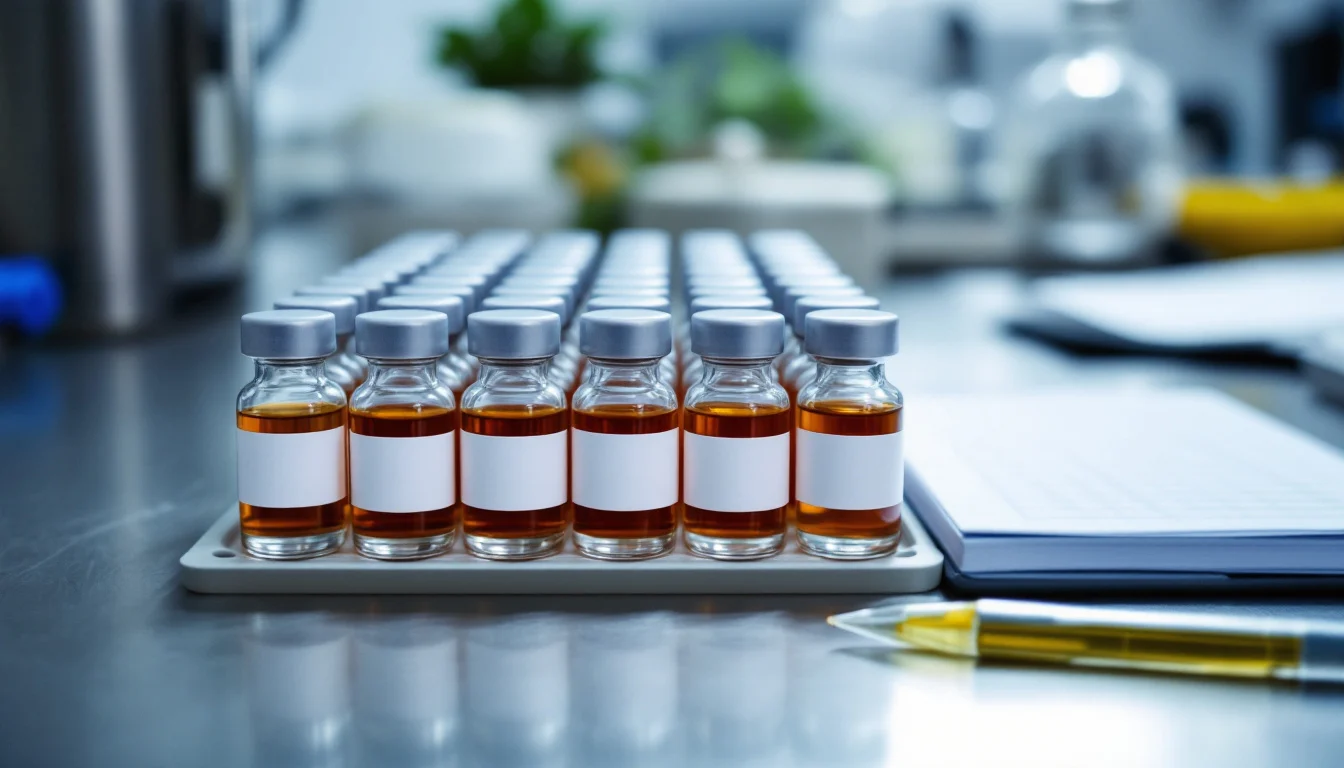 Rows of labelled glass sample vials on a stainless steel laboratory bench