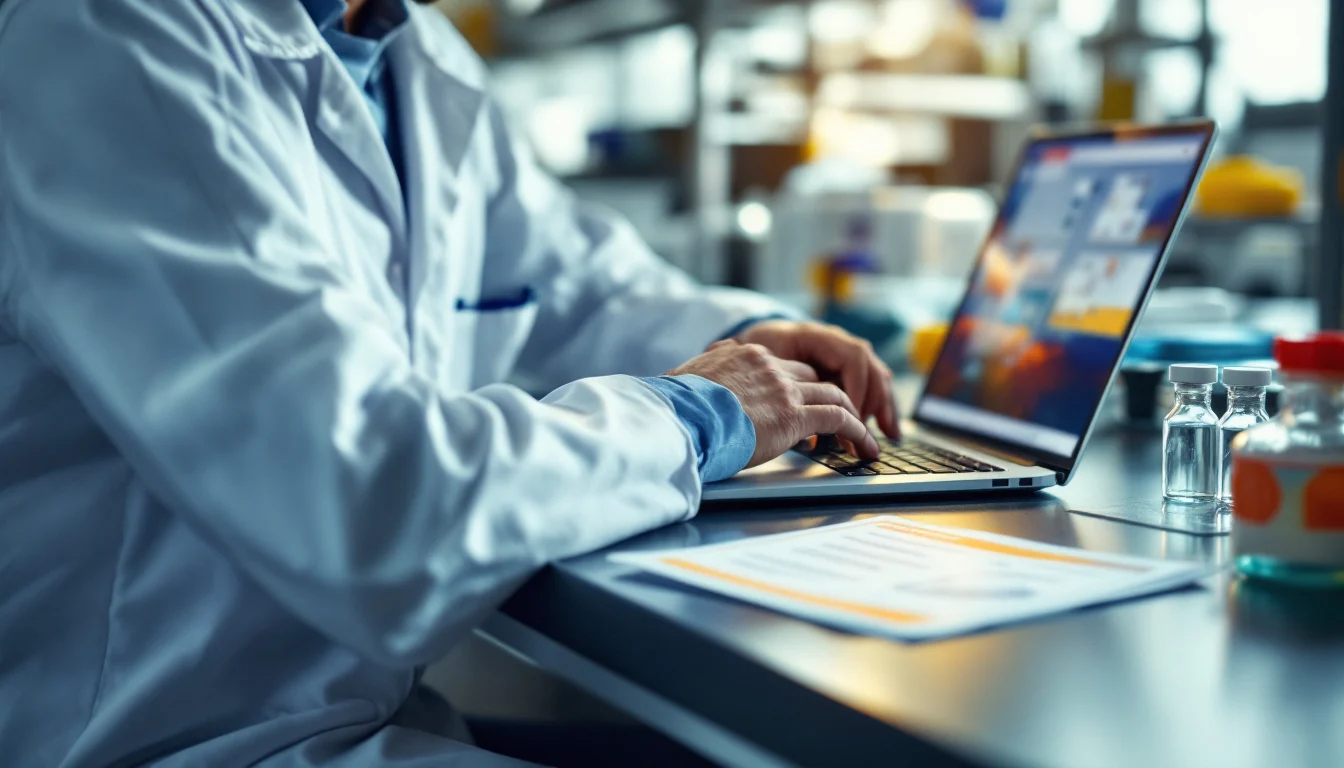Researcher ordering laboratory supplies online, with vials and a certificate of analysis on the bench Researcher ordering laboratory supplies online, with vials and a certificate of analysis on the bench