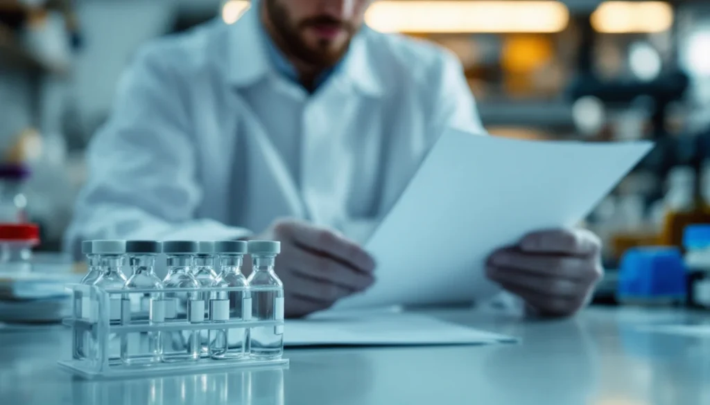 Laboratory manager reviewing a compliance document beside a rack of glass vials