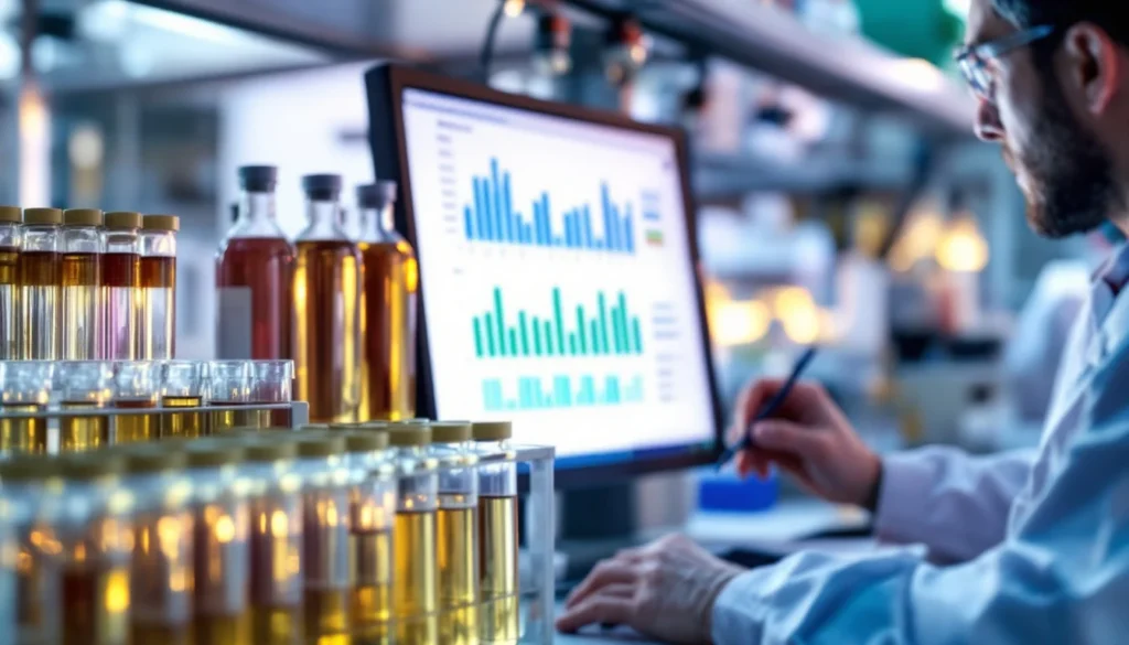 Scientist reviewing research charts on a monitor beside racks of glass sample vials