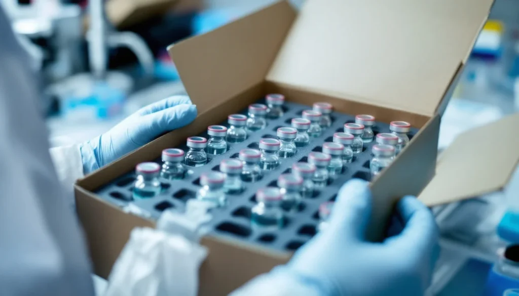 Gloved hands unpacking a delivery of glass laboratory vials in protective packaging
